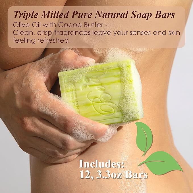 BELA Olive Oil and Cocoa Butter Soap, 3.3 OZ Pack of 12, Long Lasting French Triple Milled Bar Soap with Organic Shea Butter, Hand, Face and Body Wash Bar, Made in Australia