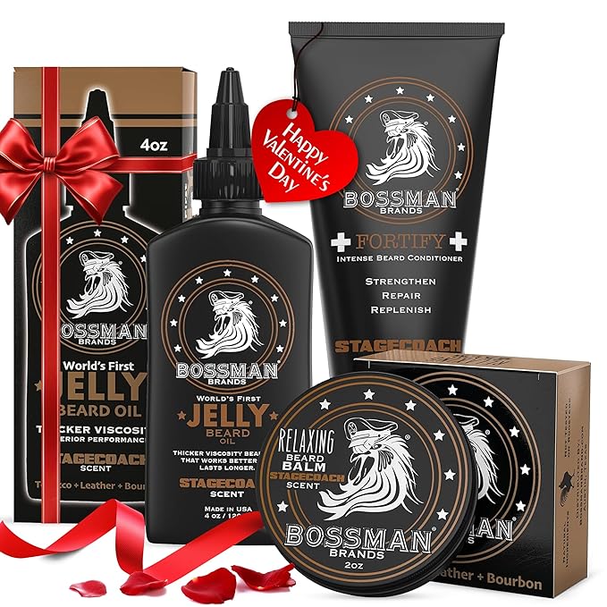 Bossman Essentials Beard Kit for Men, Set of 3 - Beard Oil Jelly, Fortifying Conditioner Cream, Beard Balm - Grooming Growth Care Accessories - Gift Set for Men (Stagecoach)
