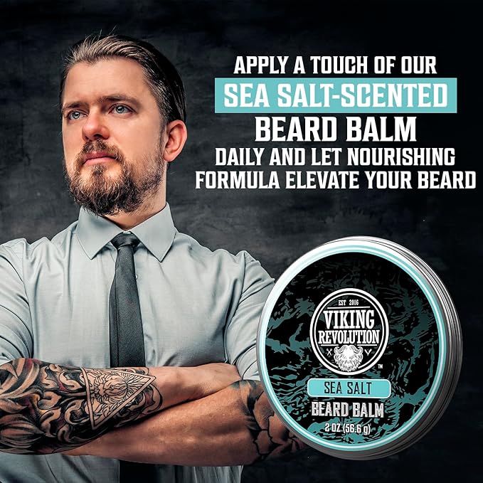 Viking Revolution Sea Salt Beard Balm for Men - Beard Butter for Men with Argan Oil and Jojoba Oil Softener and Moisturizer Styling Balm (1 Pack, 2oz)