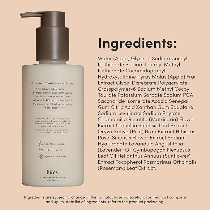 hims High Tide Hydrating Daily Cleanser for Men - Gentle Face Cleanser with Hyaluronic Acid, Squalane and Green Tea Extract - Lemongrass Field Scent