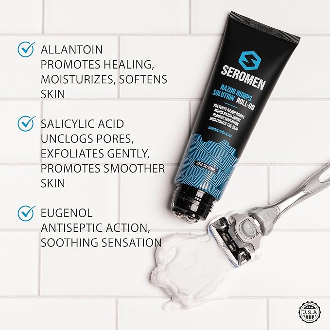 Seromen Razor Bump Treatment for Men – 3.5 fl oz Roll-On Serum for Face and Body Ingrown Hair and Razor Burn Solution, Soothes Skin, Calms Irritation, Made in USA