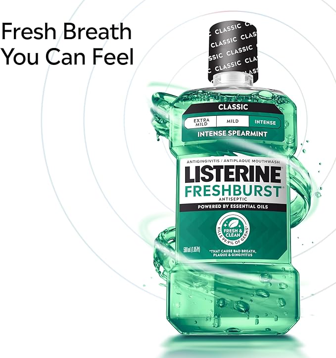 Listerine Freshburst Intense Antiseptic Mouthwash for Bad Breath, Kills 99.9% of Germs that Cause Bad Breath & Fight Plaque & Gingivitis, ADA Accepted Mouthwash, Intense Spearmint, 250 mL