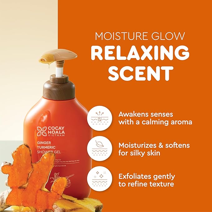 VIETNAM Turmeric Exfoliating Body Wash for Women & Men, Gentle Ginger Body Wash for Sensitive Skin, Moisturizing Shower Gel, Paraben & Silicone Free (17.64 oz) COCAY HOALA