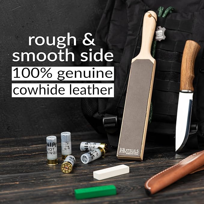 Hutsuls Leather Strop for Knife Sharpening - Top-Tier Double Sided Knife Stropping Kit with White & Green Paddle Strop Compound, Easy to Use Sharpener Leather Knife Strop Kit for Razor Sharp Edges