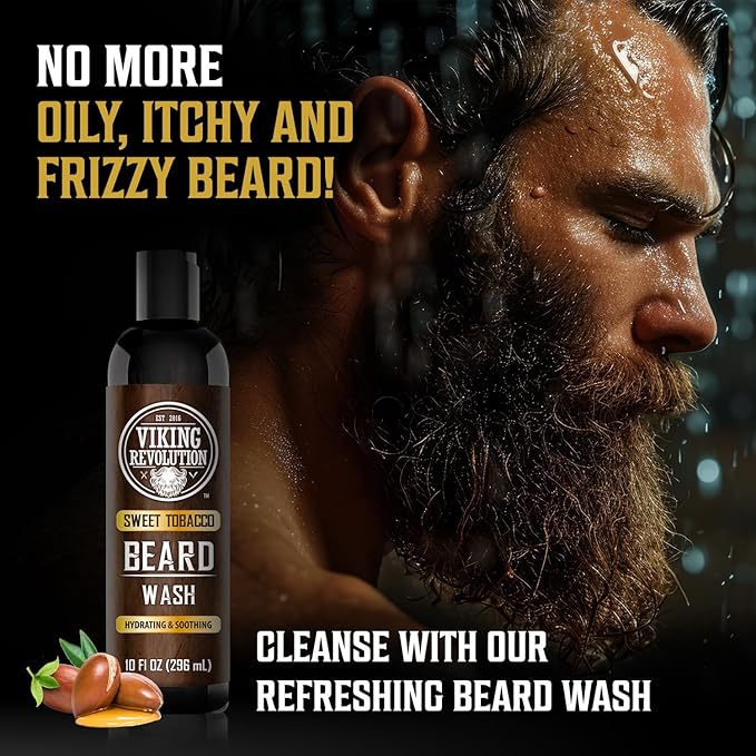 Viking Revolution Beard Wash and Beard Conditioner for Men with Argan Oil and Jojoba Oil - Beard Softener and Strengthener Beard Care Beard Shampoo and Conditioner with Beard Oil (10oz, Sweet Tobacco)