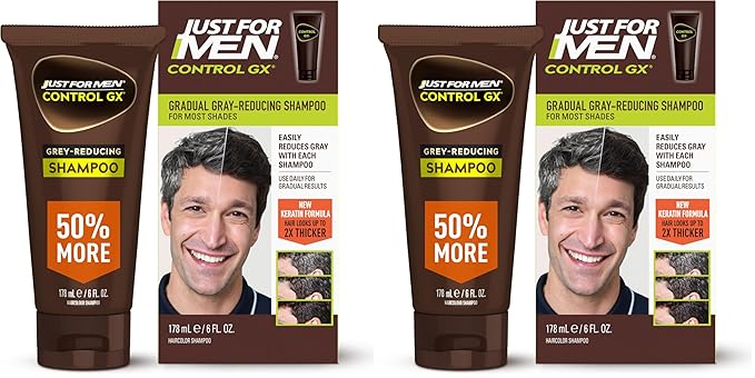 Just for Men Control GX Grey Reducing Shampoo, Gradual Hair Color with Keratin for Stronger Thicker and Healthier Looking Hair, 6 Fl Oz - Pack of 2