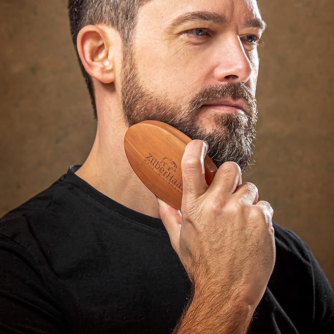ZilberHaar - Men's Slanted Bristle Hair and Beard Brush - Natural Boar and Pearwood Military Style