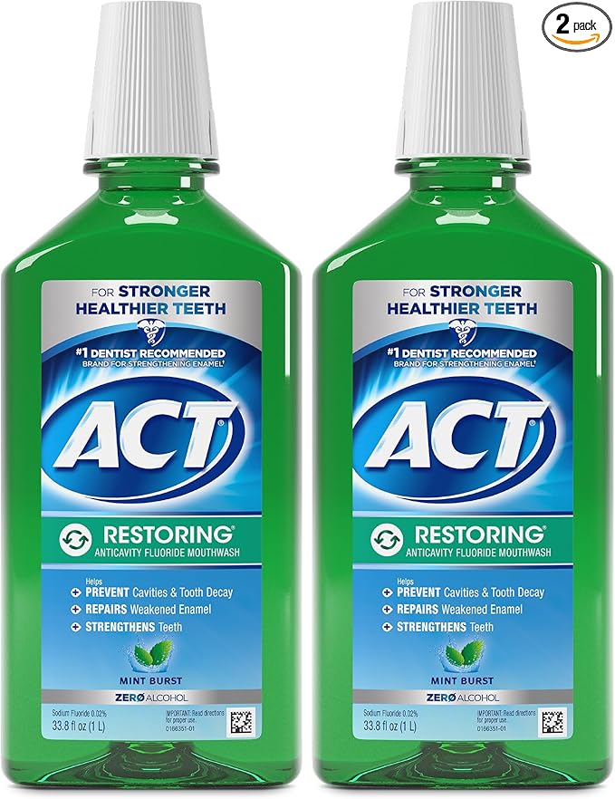 ACT Restoring Anticavity Fluoride Mouthwash with Zero Alcohol, Repairs Enamel & Strengthens Teeth, Mint Burst, 33.8 fl. oz., 2 pk