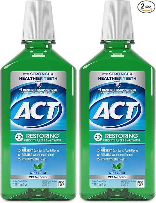 ACT Restoring Anticavity Fluoride Mouthwash with Zero Alcohol, Repairs Enamel & Strengthens Teeth, Mint Burst, 33.8 fl. oz., 2 pk