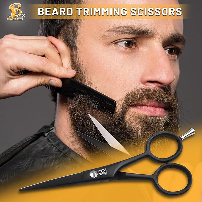 Beard & Mustache Scissors for Men 5”, 2 comb & Beautiful Travel Pouch, Hand forged with Bevel edge For precision, Extremely Sharp Scissor, Trimming scissors