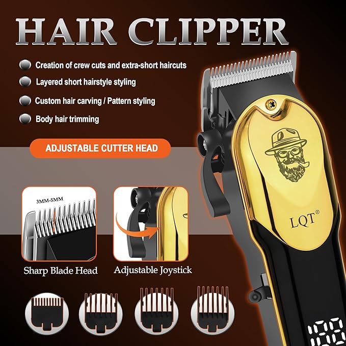 3-in-1 Barber Kit, Professional Hair Clipper, T-Blade Trimmer & Foil Shaver Set, Long-Lasting Battery, LED Display, Cordless Rechargeable Hair Cutting Tools for Men, Gold, Home-use, Gifts for Men
