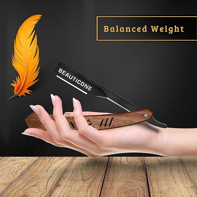 BEAUTICONE Straight Razors for Men, Straight Edge Razor with 100 Single Edge Blades, Stainless Steel, Barber Razor for Men's Shaving, Barber Shaving Knife, Wooden Handle, Slide-Out