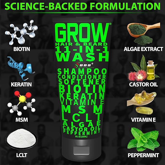 Beard Wash Shampoo & Conditioner 11-in-1 – GROW Hair & Beard Growth Wash with Biotin, Castor Oil, Peppermint & Keratin – Supports Thicker Hair & Beard Growth