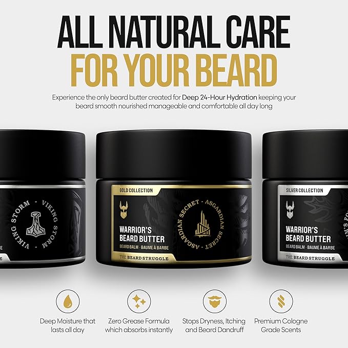The Beard Struggle Warrior’s Beard Butter Asgardian Secret - Gold Collection - Handcrafted with Non-Greasy Low-Hold Formula, Luxurious Cologne-Grade Fragrances - 50g / 1.76 US. oz. Warrior-Glass Jar