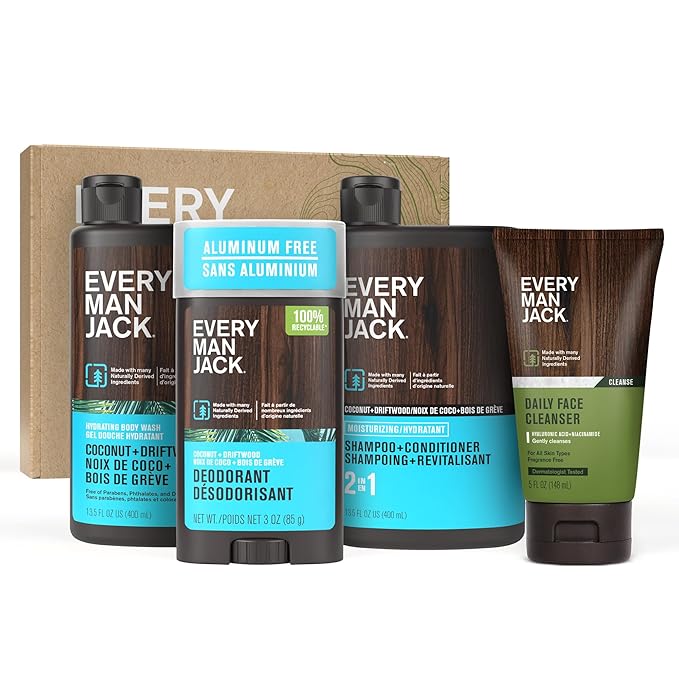 Every Man Jack Men's Bath and Body Gift Set - Coconut + Driftwood Scent - Clean Ingredients - Includes Hydrating Body Wash, 2-in-1 Shampoo, Aluminum-free Deodorant & Face Wash