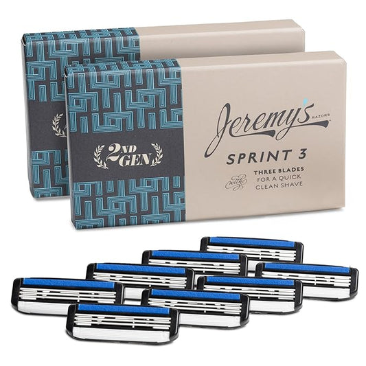 Jeremy's Razors for Men - Sprint 3 Razor Blade Refills - 8 Cartridges (Fits All 2nd Gen Jeremy's Razor Handles) - Stainless Steel, Lubricating Strip, Easy Rinse Design - Men's Shaving Blades Refill