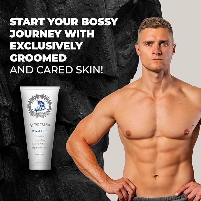 Bossman Liquid Silk Shave Cream for Men – Sensitive Skin Formula, Smooth Glide, & Soothing Protection – Moisturizing Finish (Royal Oud Scent)