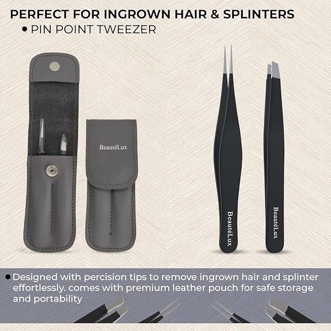 Precision Tweezer Set, Pointed tip & Slant Tip Tweezer for women & men, Stainless Steel eyebrow Tweezers, Stocking Stuffer, tweezer for Chin hair, Ingrown Hair Removal, Black tweezers with case