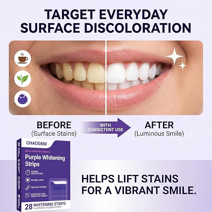 Purple Teeth Whitening Strips, Gentle Daily Purple Whitening Strips for Surface Stain Reduction & Natural Shine, Enamel Safe & Low-Sensitivity, Portable Purple Teeth Care Strips 28 Count (Pack of 1)