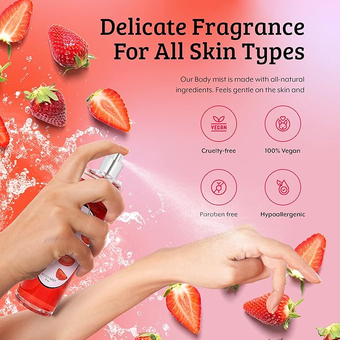 Luxurious Scented Strawberry Fragrance Body Mist A Sophisticated 8 oz Gift Stocking Stuffer Exquisitely Crafted for Women's Sublime Fragrance
