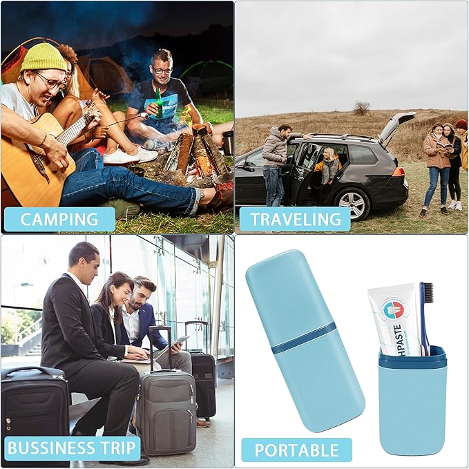 Travel Toothbrush Cup Case Portable PP Seal Tooth Brush Holders Cover Multi-Function Toothpaste Storage Container Cup for Home School Camping Business Trip Bathroom (Blue)