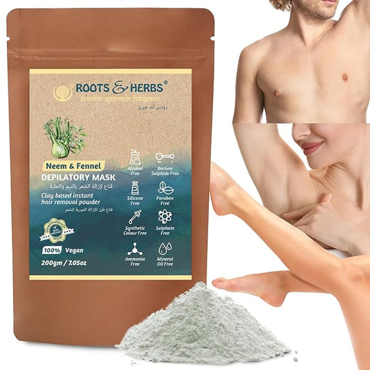 ROOTS AND HERBS Neem and Fennel Depilatory Mask - Vegan Hair Removal for Sensitive Skin: Facial, Pubic, Bikini, Leg - Organic Powder Waxing