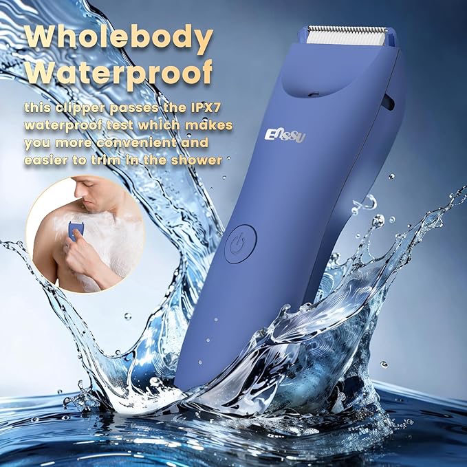 Electric Body Hair Trimmer for Men with Extra Skin-Safe Ceramic Blade, Ball Shaver Groomer w/LED Light& Charging Dock, Pubic Groin Hair Trimmer Male Razor Waterproof (Blue-with Charging Light)
