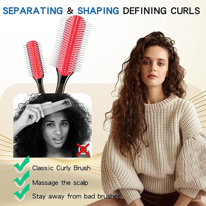 Hair Brush for Women Men Curly Wet or Dry Hair Classic Styling Brushes 9 Row for Natural Thick Hair, Blow Separating, Shaping Defining Detangling Curls Tools Travel Bristle Black Hairbrush