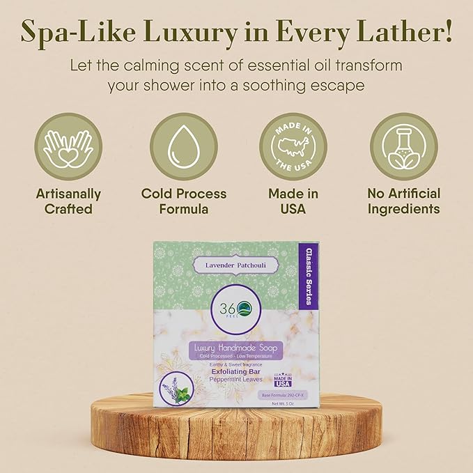 360Feel Lavender Patchouli Soap - Made in the USA - Castile Handmade, All-Natural, Cold-Processed - Infused with Lavender & Patchouli Scent for Relaxation & Calm - Creamy Lather (5 oz)