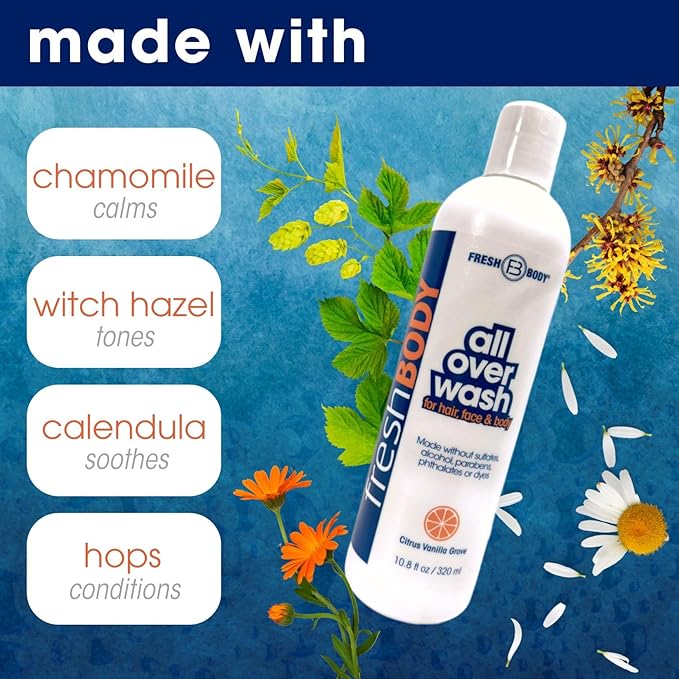 Fresh Body FB All Over Wash for Hair, Face & Body - Shampoo and Body Wash for Men & Women, Citrus Vanilla Grove Shower Gel, 10.8oz (2 Pack) Made without Alcohol, Sulfates, Dyes or Parabens