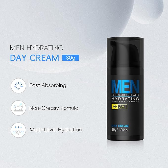 Men Hydrating Day Cream, Daily Moisturizer with 4D Hyaluronic Acid, Oil Control, Firm & Lift Hydrating Cream for Face & Body, Reduce Fine Lines, Strengthen Skin Barrier, 1.06 oz.