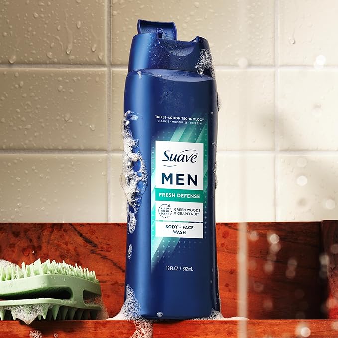 Suave Men Fresh Defense 2in1 Body & Face Wash with Glycerin & Vitamin E, Paraben & Phthalate Free, Cleanse, Moisturize & Refresh, Long-Lasting Fragrance, 18 FL OZ, 6 Count