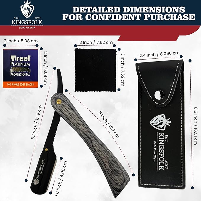 Professional Straight Razor Kit for Men – Wooden Handle Razor with 100 Platinum Blades, Leather Case, Nitrile Gloves & Cleaning Cloth – Barber Grade Wet Shave Set