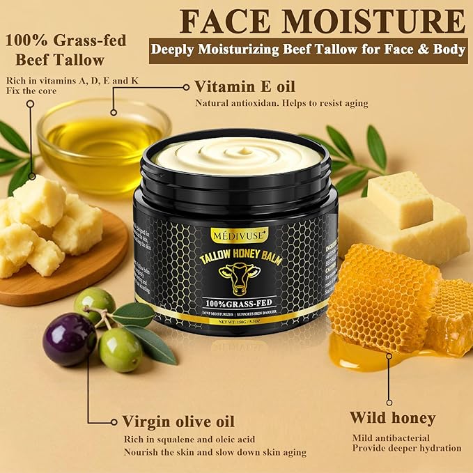 Tallow and Honey Balm - 100% Grass-Fed Beef Tallow for Skin with Organic Raw Honey - Deeply Moisturizing Beef Tallow for Face Body - Natural Formula Care for Dry & Sensitive Skin (5.3 OZ), Tallow Balm