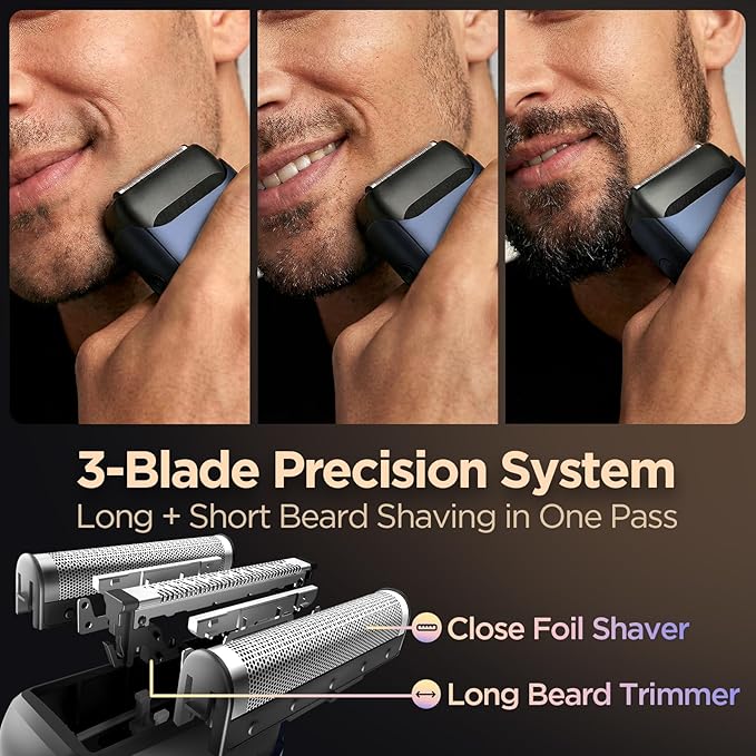 Yineel VT100 Electric Foil Shavers for Men, Pocket-Sized with Case, Mini Electric Razor for Close Face Shaver, 3 Floating Blades, IPX7 Waterproof & Travel-Friendly/Home Use, Gifts for Men, Blue