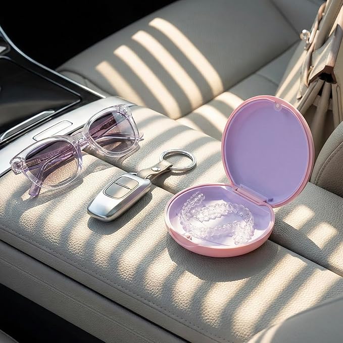 2 Pack Retainer Case, Compatible with Invisalign, Slim Aligner Case with Removal Tool, Aligner Seaters & Brush, Pocket Size Secure Magnetic Closure for Travel - Pink & Lavender