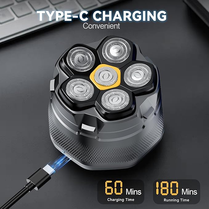 Head Shaver for Bald Men, 10,000 RPM High-Speed Electric Razor, Innovative 6D Magnetic Floating Heads, IPX8 Waterproof Wet/Dry Shaving Kit with LED Display & EVA Travel Case，Upgraded Gray&Yellow