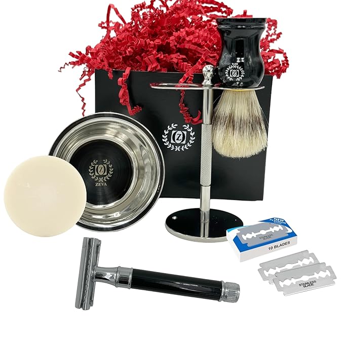 Vintage Men Shaving Gift Set | Gandpa Classic Twist Open DE Safety Razor, Stainless Steel Stand & Bowl, Shaving Brush & 10 Blades Christmas Gift For Him