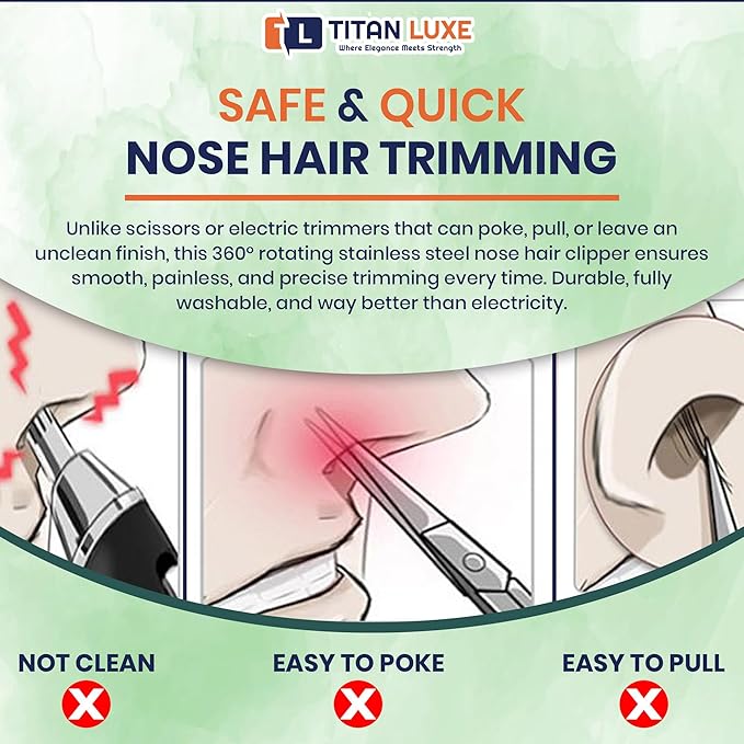 Stainless Steel Hair Trimmer for Men and Women | Manual Nose and Ear Hair Trimmer | Nose Clippers, 360° Rotating Hair Trimmers | Washable Nose Hair Remover | Green