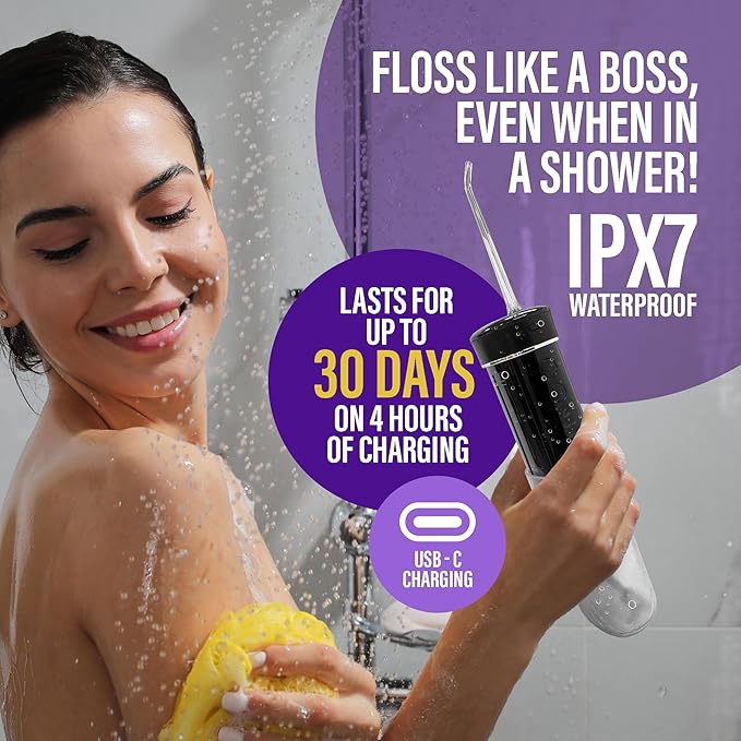 GuruNanda Compact Water Dental Flosser, Portable Travel Size Oral Irrigator Flosser with Collapsible 180 ml Tank, Smart Timer, 4 Flossing Modes, TSA-Friendly - Black