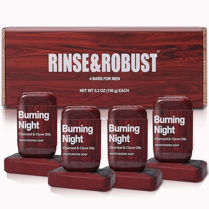 Rinse & Robust Men's Luxury Bar Soap 4-Pack - Charcoal & Clove Oil Scent | 4-in-1 Exfoliating & Hydrating for Body, Face, Hands | Fathers Day Gifts(5.3 oz Each)