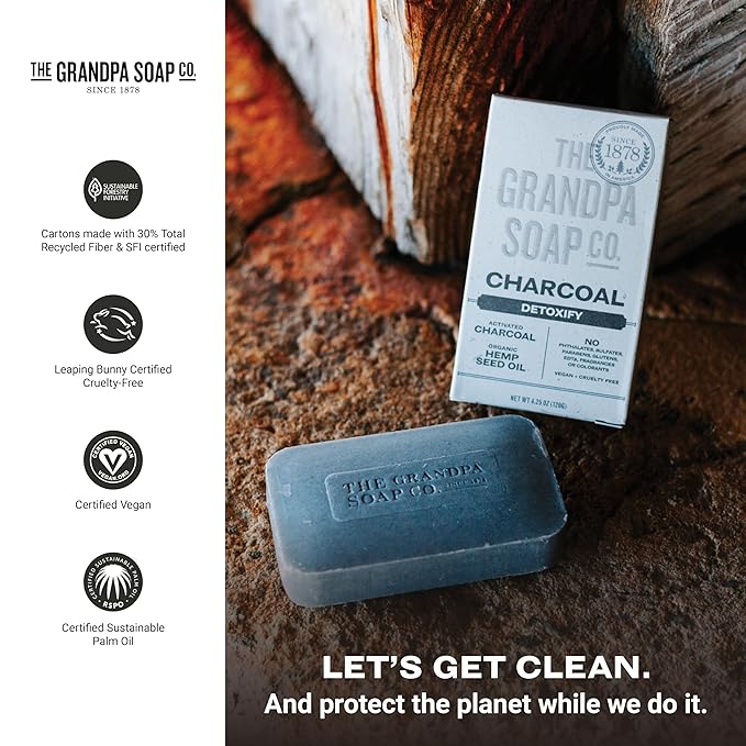 The Grandpa Soap Company Charcoal Bar Soap - With Activated Charcoal Hemp Seed and Mint Oil, Detoxifies, Draws Out Dirt and Toxins, Clear Congested Pores, Vegan, 4.25 Oz, 6 Pack
