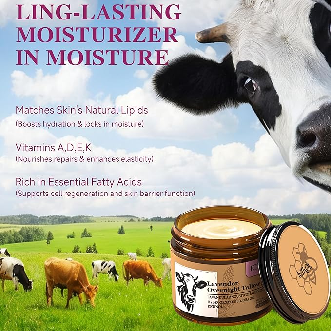 Beef Tallow Honey Balm, Grass-Fed Tallow Moisturizer for Face and Body, Deep Hydration Cream with Lavender Scent, Handmade Natural Skin Nourishment, 2.1 oz