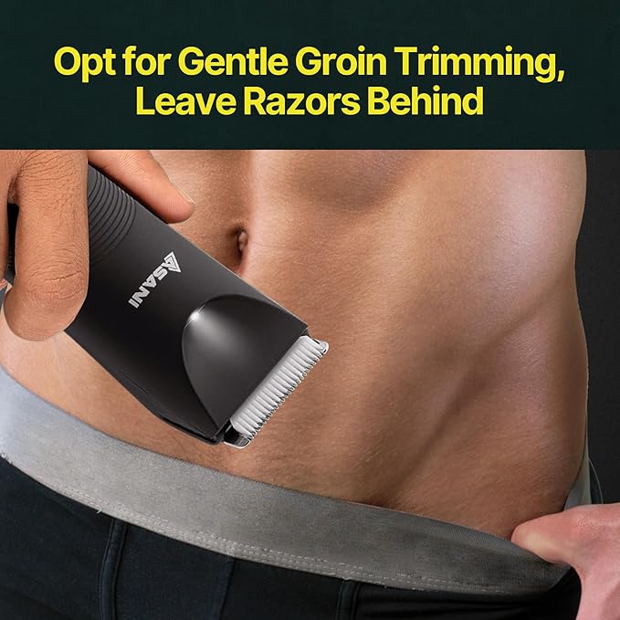 Asani Upkeeper Body Hair Trimmer & Groomer for Men – Rechargeable, Electric Razor-Shaver, Nick-Free Ceramic Blade, LED Light, IPX7 Waterproof, Groin, & Legs (Wet/Dry)