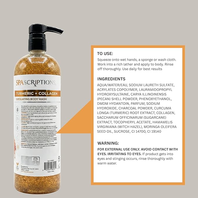 SpaScriptions Turmeric & Collagen Body Wash - Brightening Gentle Exfoliation Shower Gel Scrub for Men and Women with Brown Sugar & Vitamin E for Glowing Hydrated Skin, Scented, Paraben Free 33 fl oz