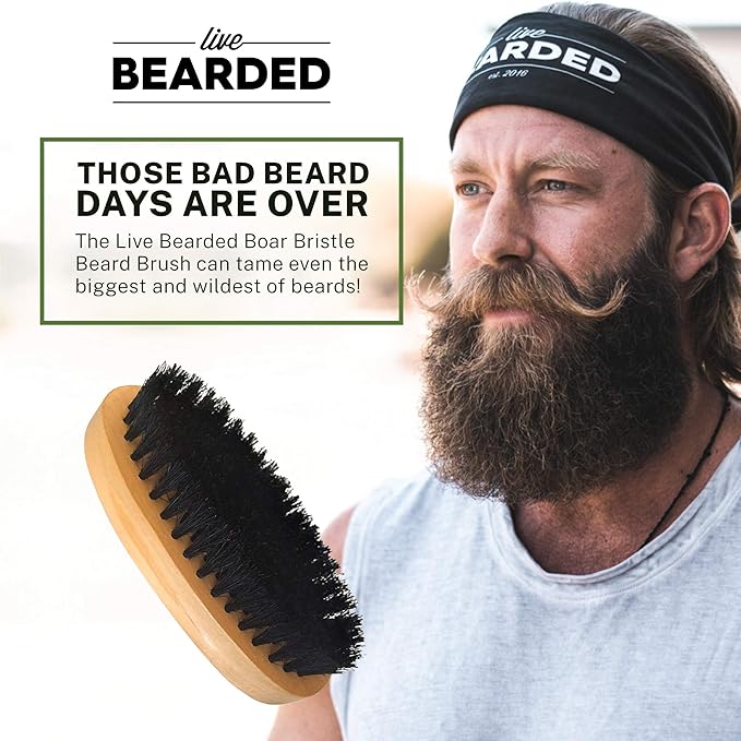 Live Bearded Premium All-Natural Boar Bristle Beard Brush - Real Wooden Handle - Supports Growth, Style Control and Oil Production - Tames Big, Wild Facial Hair - Easily Daily Grooming