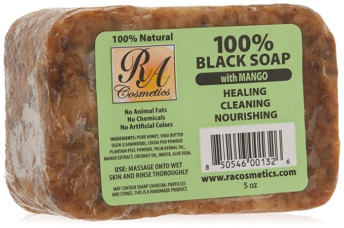 RA Cosmetics 100% Natural African Black Soap, Mango Scent, 5 oz, 141g