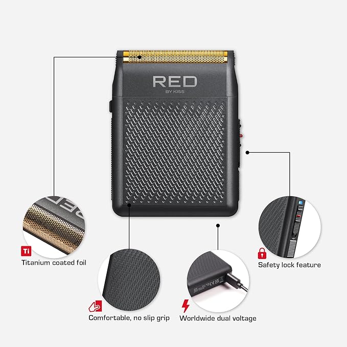 RED by Kiss Cordless Mini Shaver for Men, Compact High-Precision, Quick USB-C Charging, Non-Slip Grip, Long-Lasting Battery, Travel-Friendly Design, Powerful Motor for Efficient Shaving (Black)