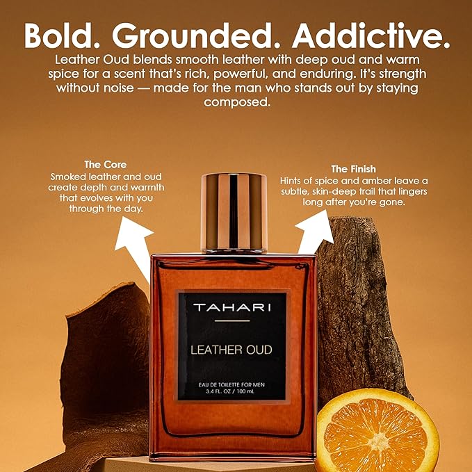 TAHARI Leather Oud Eau de Toilette for Men – Long-Lasting Luxury Cologne Spray with Bergamot, Leather & Amber Scent – Bold, Masculine, Sophisticated Oud Fragrance Spray 3.4 fl oz / 100 mL