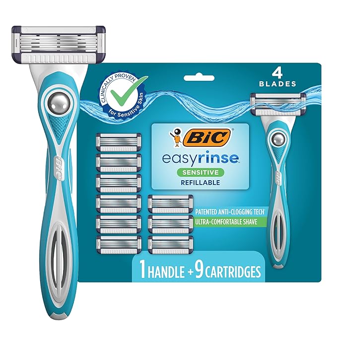 BIC EasyRinse Sensitive Anti-Clogging, Refillable Men's Razors With 4 Blades, 1 Handle and 9 Refill Razor Cartridges Razor Kit